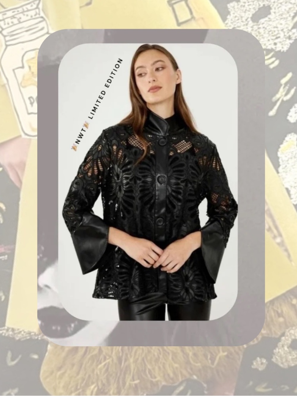nwt🎉 Black Eyelet Open Floral Button up Faux Leather Jacket Tulip sleeves